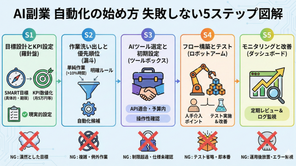 AI副業 自動化の始め方 5ステップ全体フロー図解